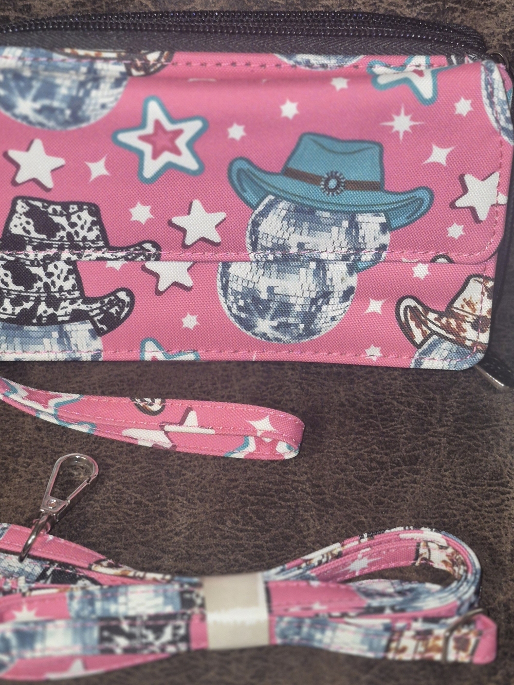 Wristlet Wallet and Lanyard Set - Pink Star & Cowboy Hat Print